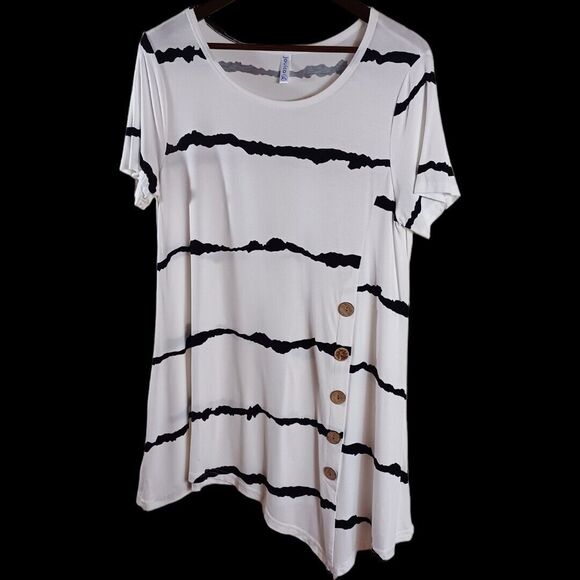 Jouica Assymetrical White Black Striped Short Sleeve Soft Tunic Button Detail XL - Picture 1 of 8